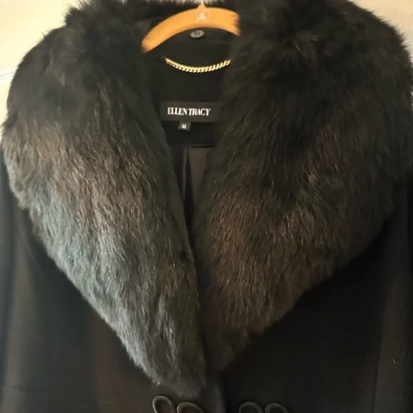 Ellen Tracy Black Pea Coat with Fur Collar - Picture 2 of 10